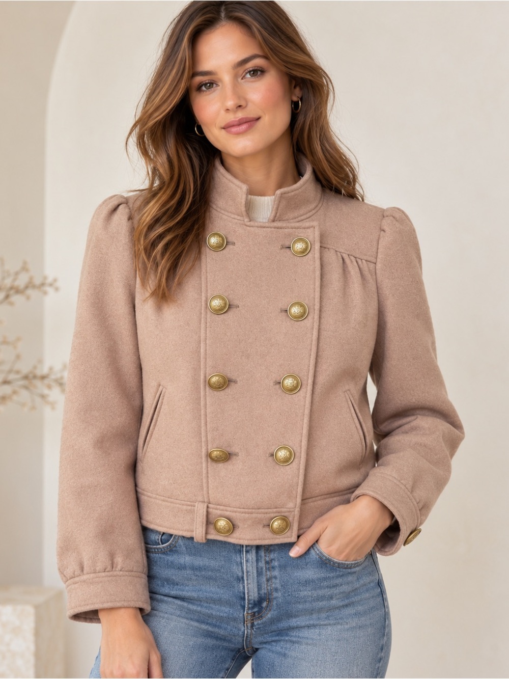 Anthropologie NWT Camel Wool Military Jacket Gold Crest Buttons Size 8